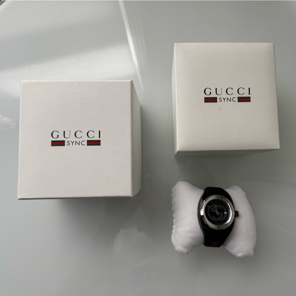 Gucci Swiss Made Black Stainless Steel & Rubber Watch Preloved Boxed Monogram - Picture 1 of 14